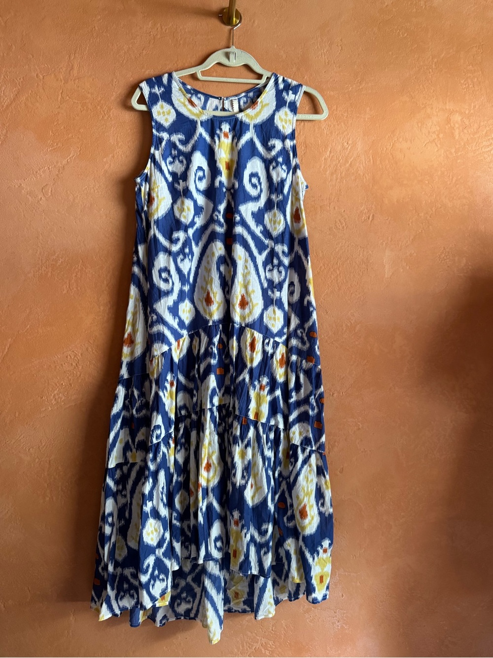 Uncle Frank Blue Ikat Tiered Cotton Midi Dress Boho Size Small